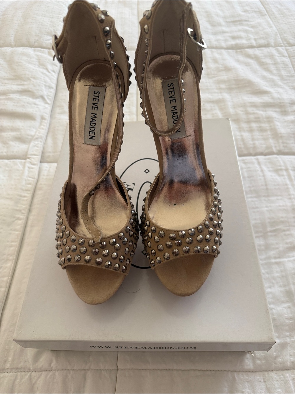 Steve Madden Tan Studded Peep-Toe Platform Heels